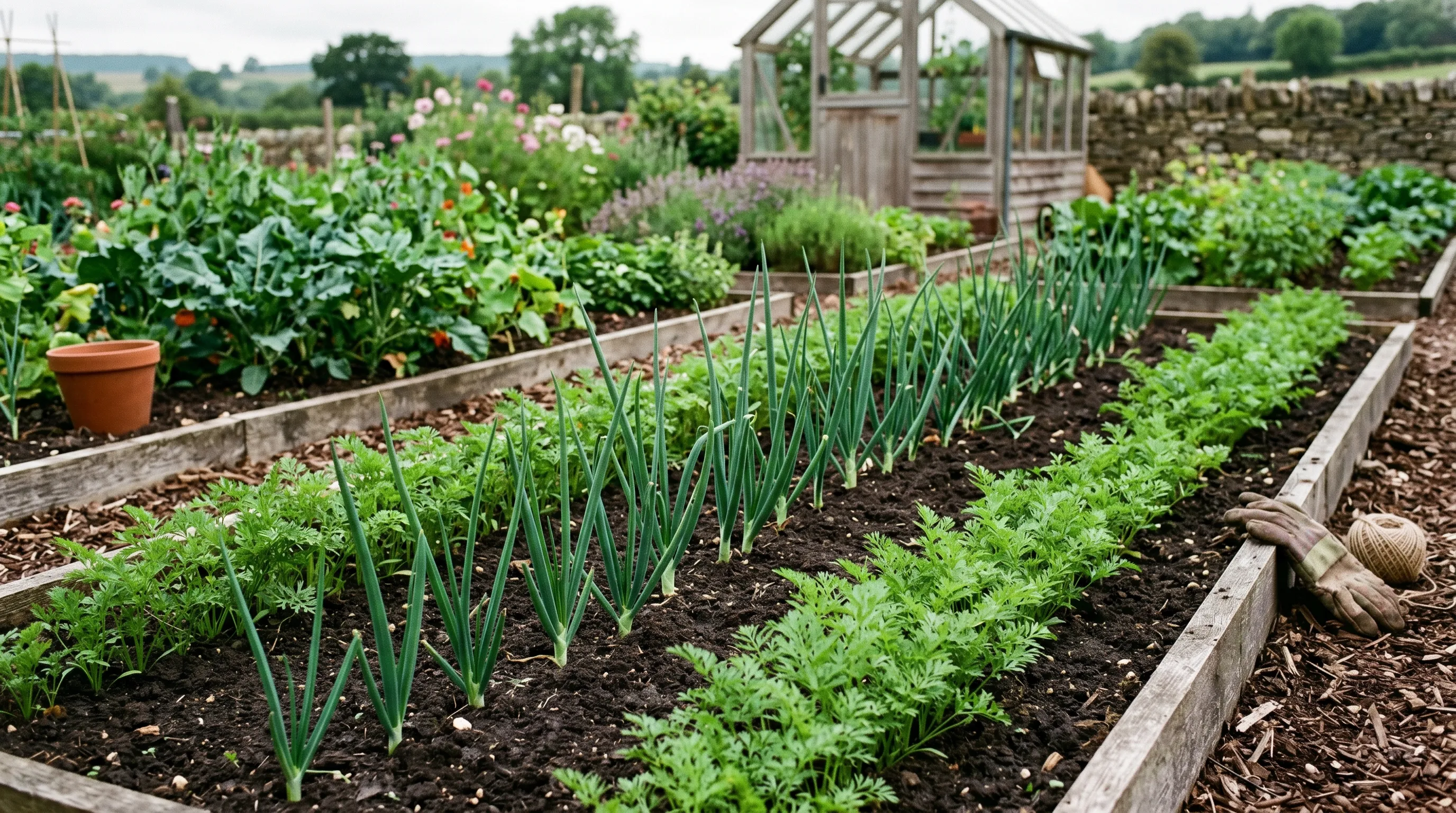 UK kitchen garden bed showing alternating rows of carrots and onions in companion planting layout for mutual pest protection