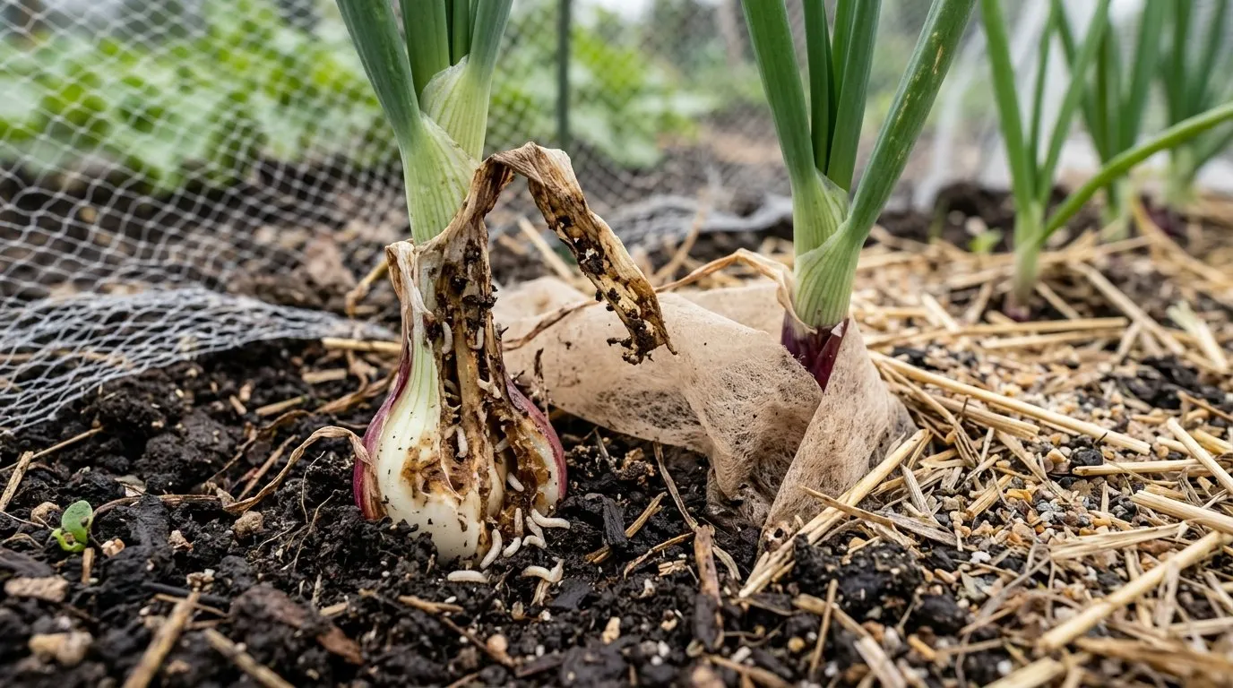 Close-up showing onion root fly prevention control on UK garden plant for identification