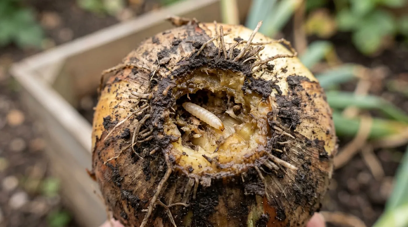 Onion root fly maggot tunnelling through bulb of UK onion showing classic damage pattern in a Staffordshire kitchen garden