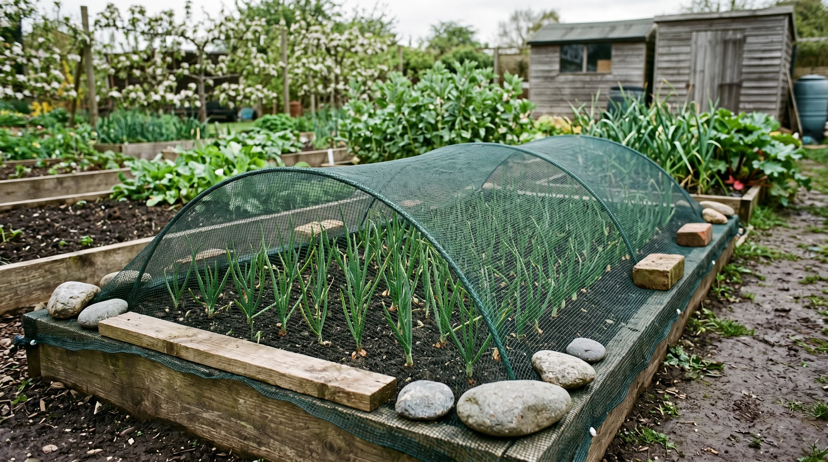 Mesh netting installed over UK kitchen garden onion bed late April 0.6mm aperture covering Sturon sets