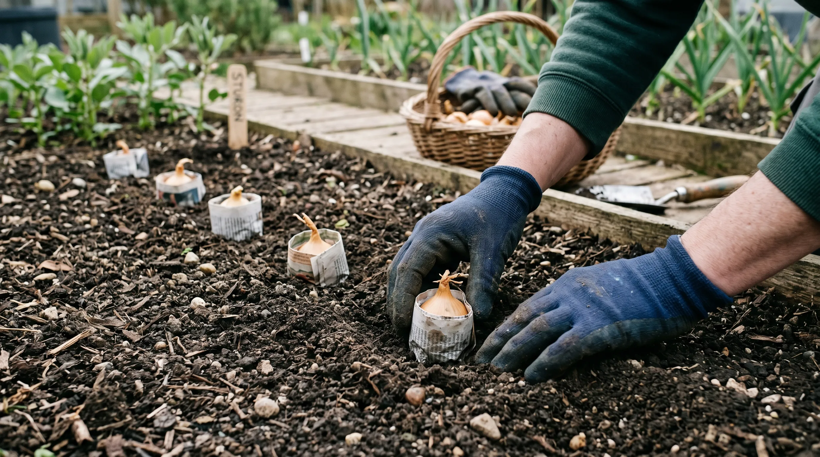 Newspaper paper collars wrapped around UK onion sets at planting to physically block egg-laying flies