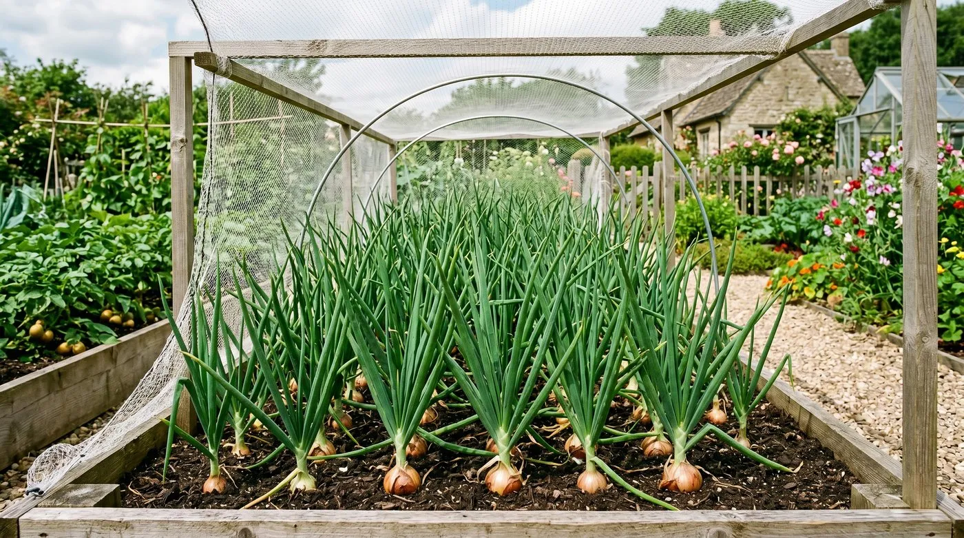 Healthy thriving UK onion bed under mesh in mid-July showing strong leaves and developing bulbs no fly damage