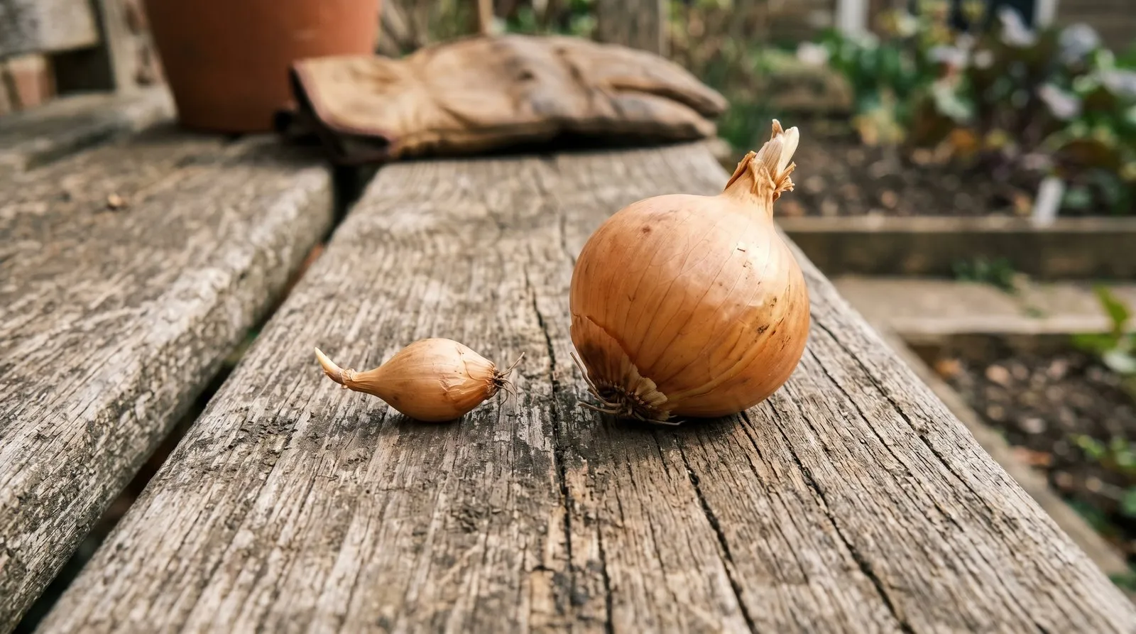 A small pencil-thick onion set next to a large marble-sized set on a wooden bench, showing the size difference that affects bolting