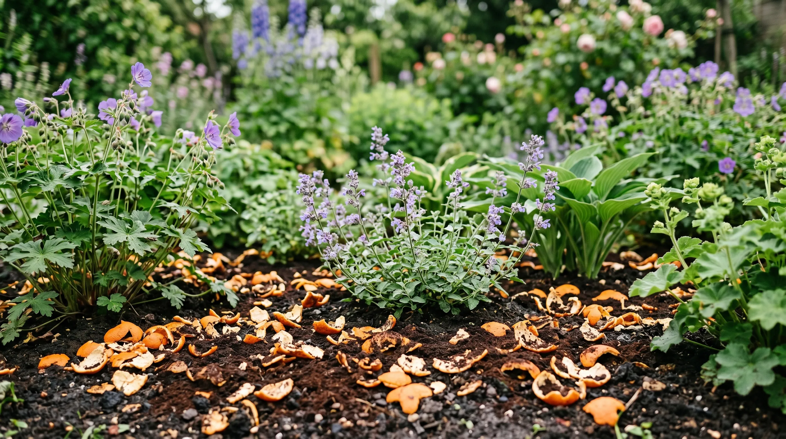 A UK flowerbed showing a 30mm layer of mixed orange peel and used coffee grounds scattered around herbaceous plants as a combined cat deterrent layer