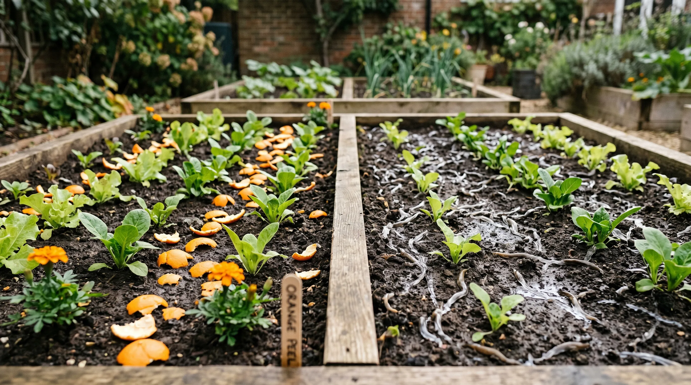 A diagnostic comparison of two parallel UK garden beds, the left protected with fresh orange peel and visibly fewer slug trails, the right unprotected with multiple visible slug trails on the soil surface