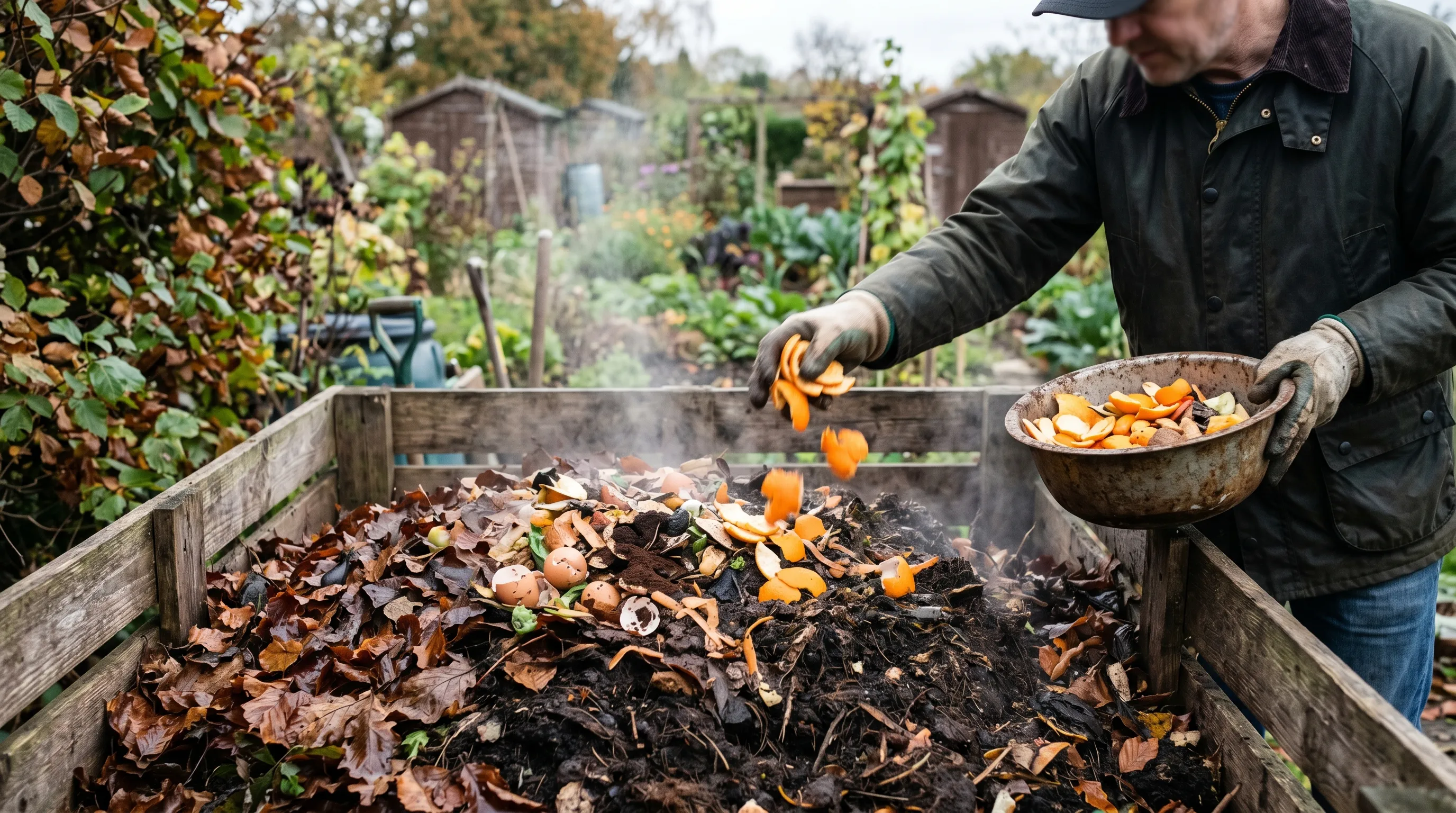A UK compost heap with a layer of fresh orange peel pieces being added on top of a layer of brown leaves and kitchen waste, with the active steaming visible inside the heap