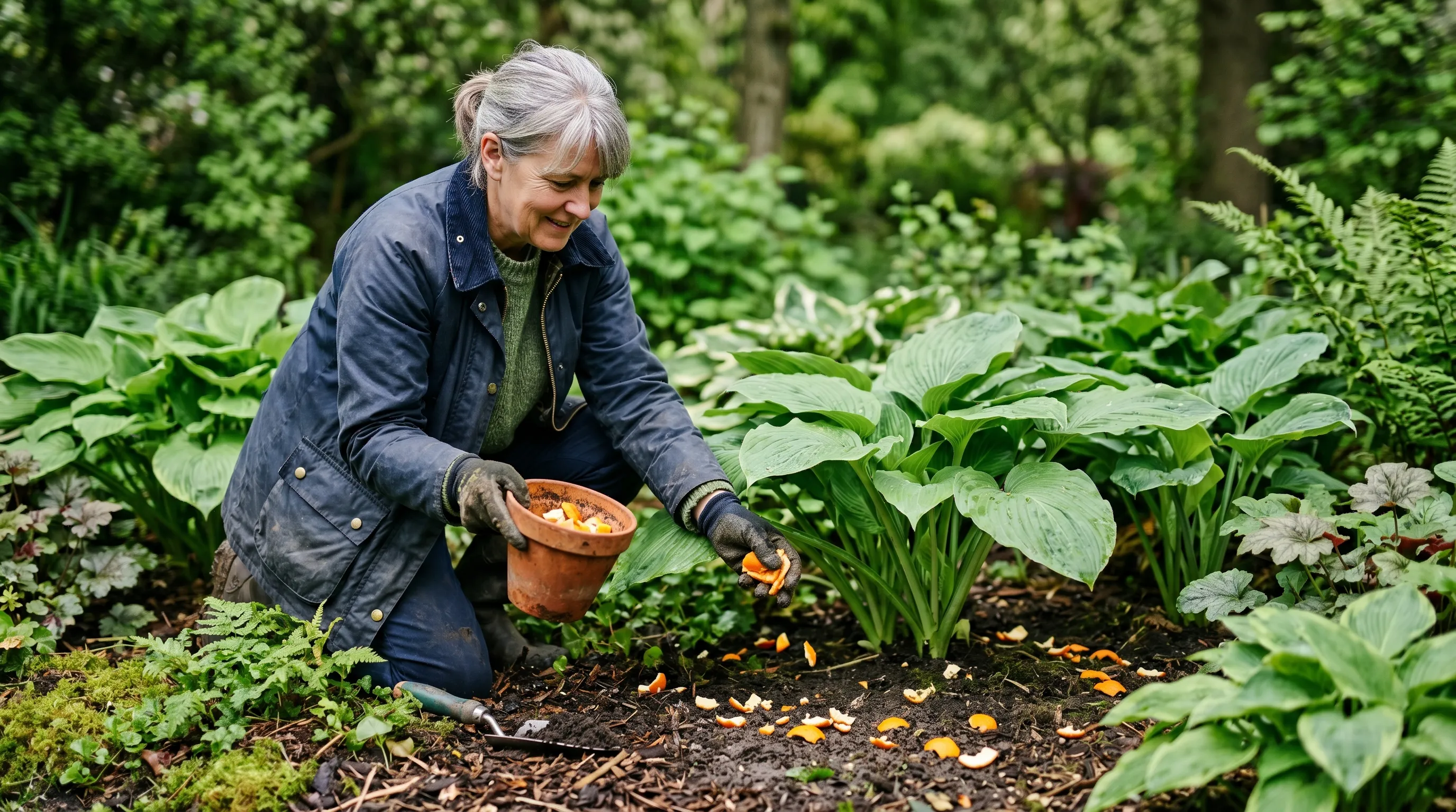 A UK gardener scattering fresh orange peel pieces around the base of hosta plants in a shaded border as a slug deterrent