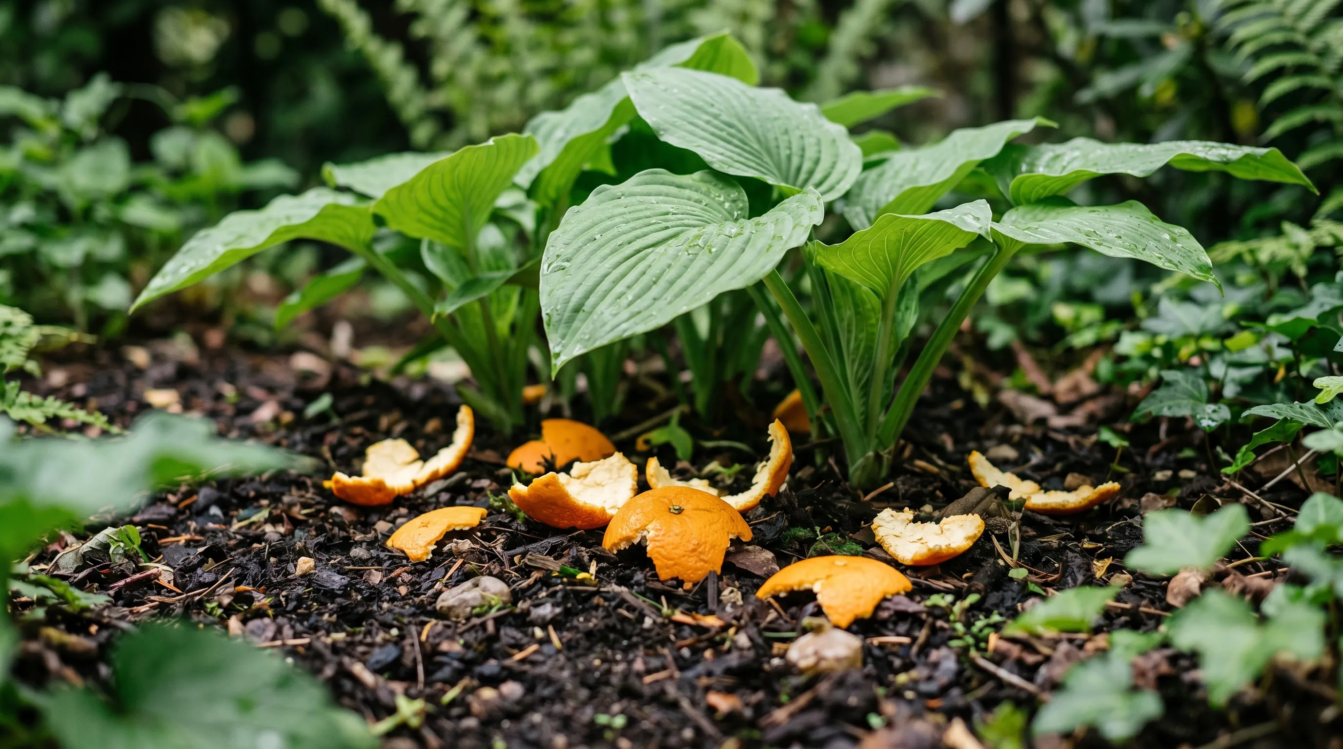 A close-up of fresh orange peel pieces scattered around the base of hosta plants in a UK shade border, with the bright orange peels visible against the dark soil and green leaves
