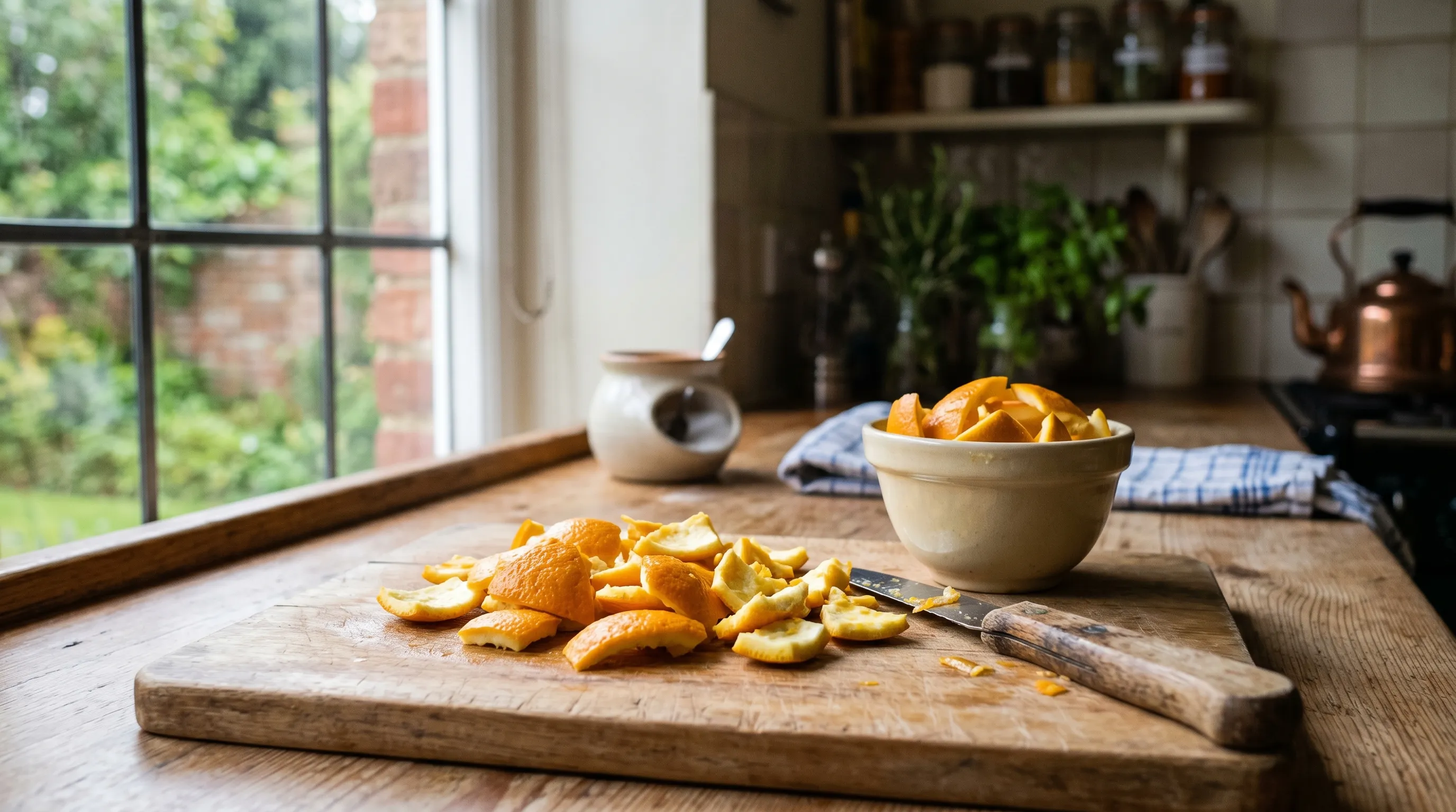 A UK kitchen counter showing a chopping board with freshly cut orange peel pieces of 25-50mm size next to a small bowl ready for garden distribution