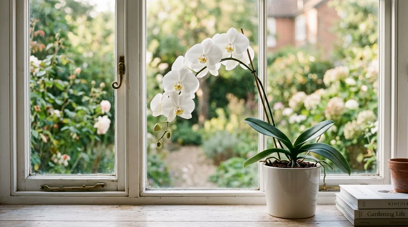 A white Phalaenopsis orchid in full bloom on an east-facing UK windowsill with soft morning light