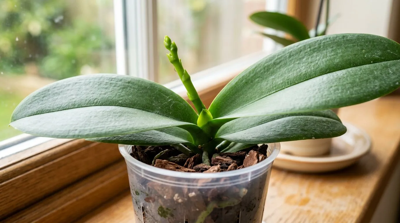 A new orchid flower spike emerging from between leaves, showing the early green shoot