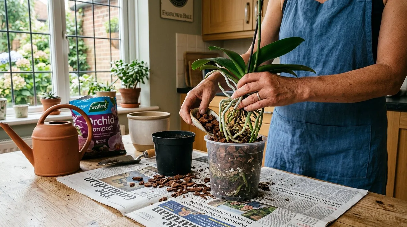 Hands repotting a Phalaenopsis orchid into fresh bark-based orchid compost in a clear plastic pot