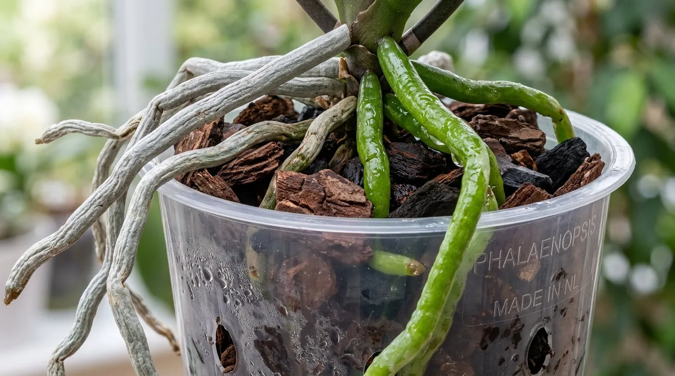 Close-up of orchid roots showing the difference between silver-grey dry roots and bright green hydrated roots