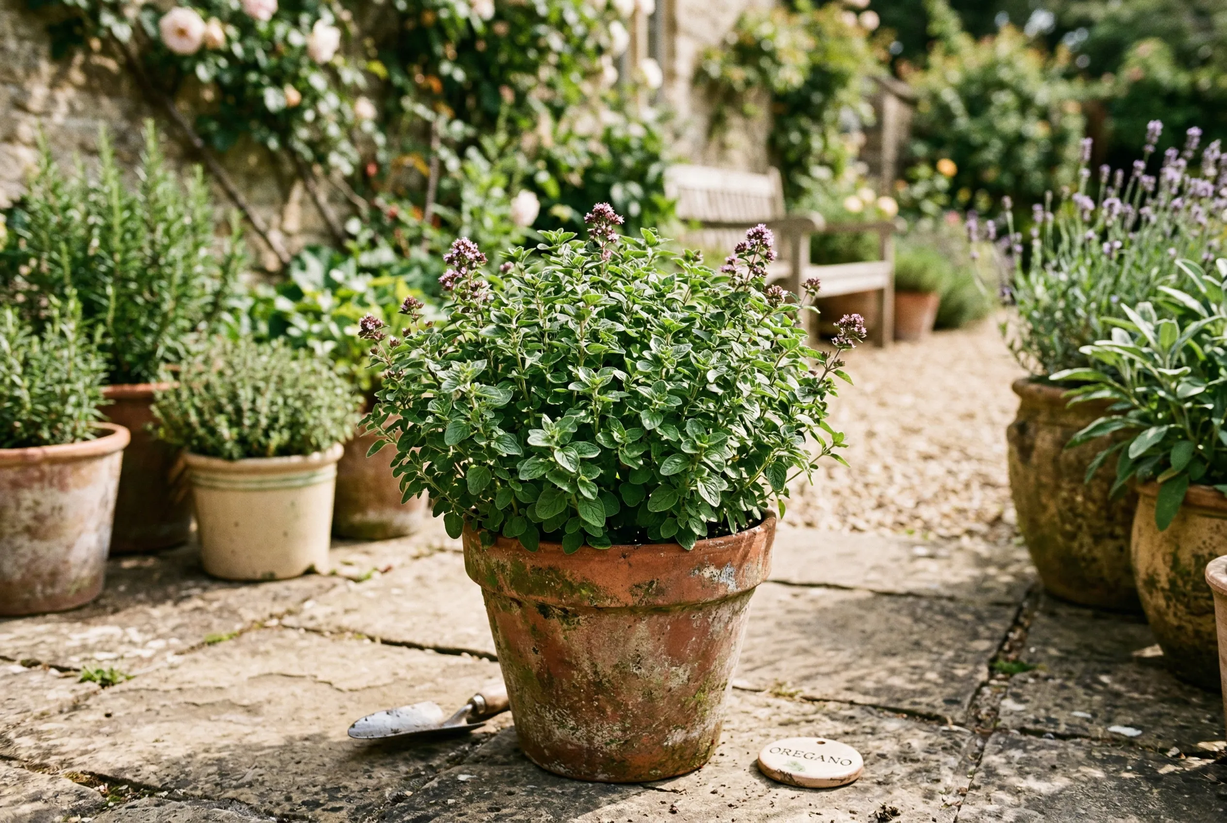 Oregano growing in a terracotta container on a sunny UK patio