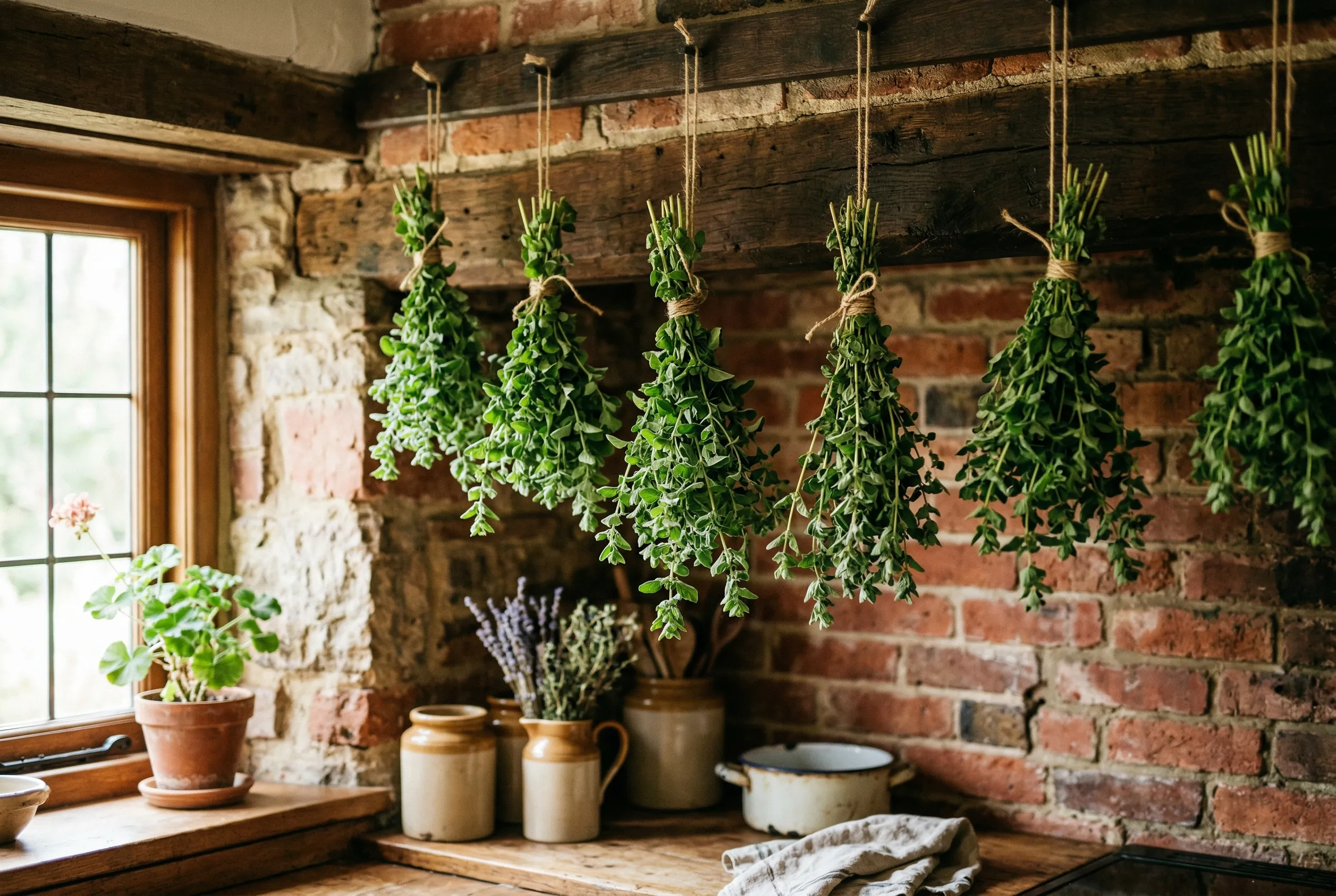 Bunches of oregano hanging to dry in a rustic kitchen