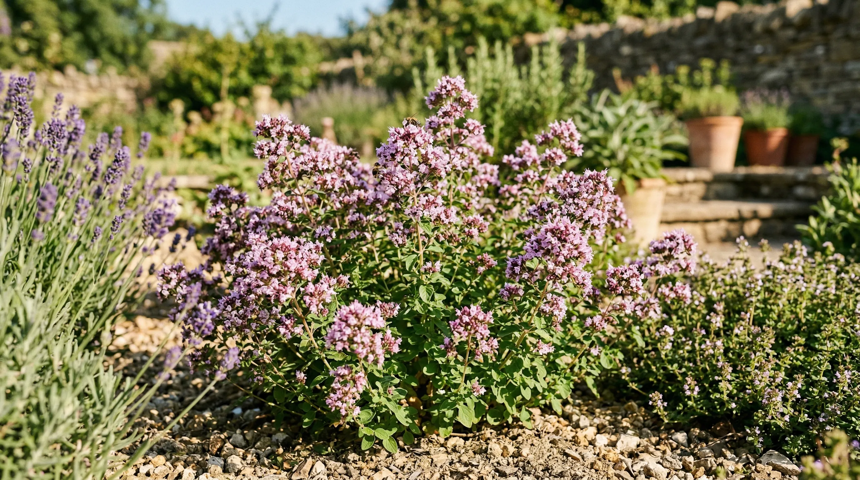 Oregano plant in full bloom with pink-purple flowers growing in a sunny UK herb garden