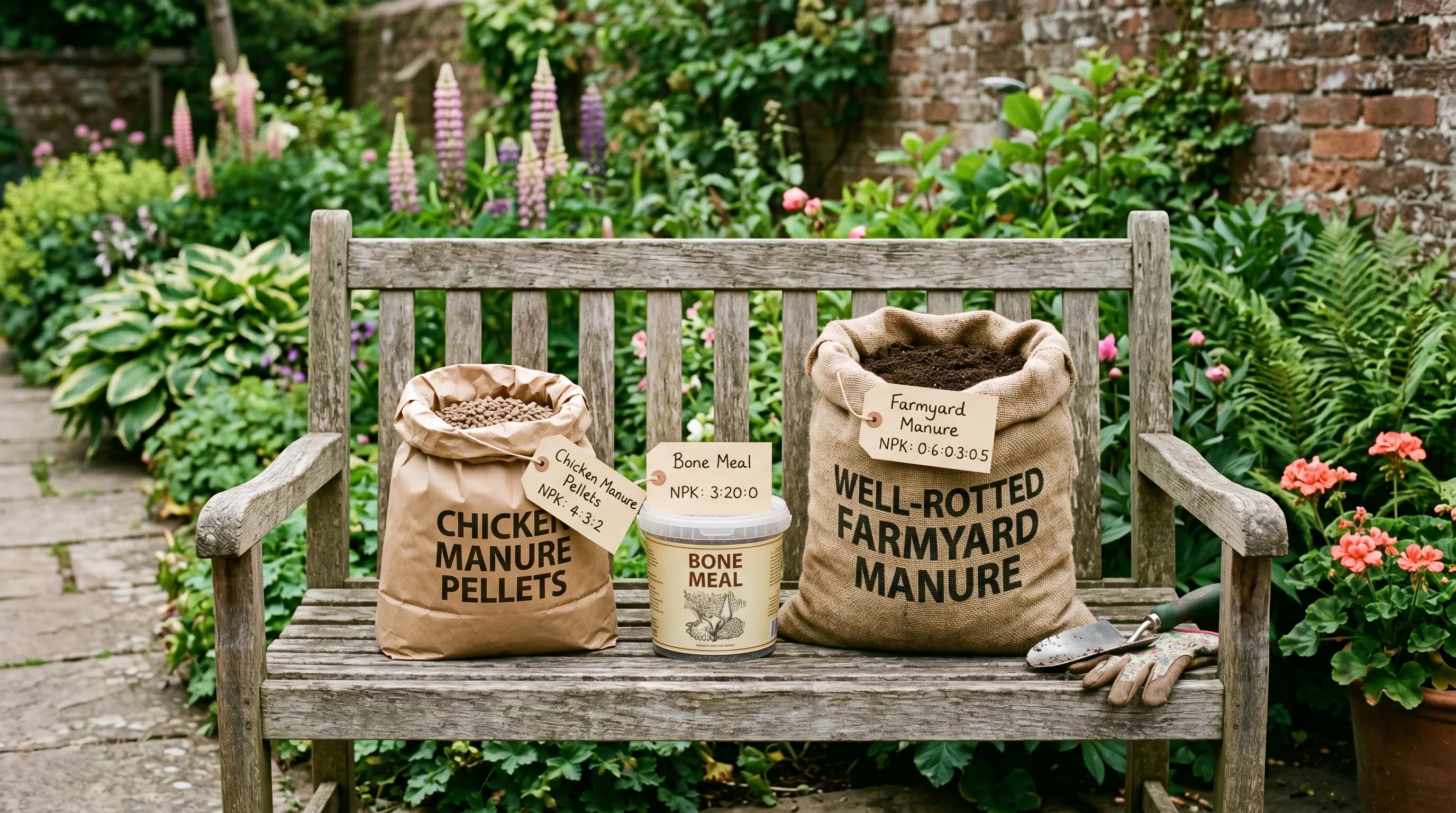 Three organic fertilisers on a wooden bench: chicken-manure pellets, bone meal, and well-rotted farmyard manure each labelled with handwritten cards showing NPK ratios