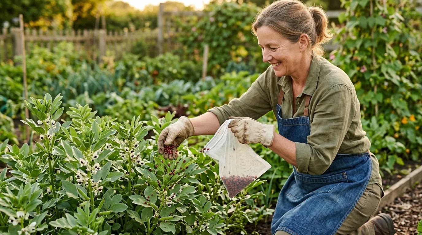 Organic pest control in action with a ladybird feeding on aphids on a green plant stem in a UK vegetable garden