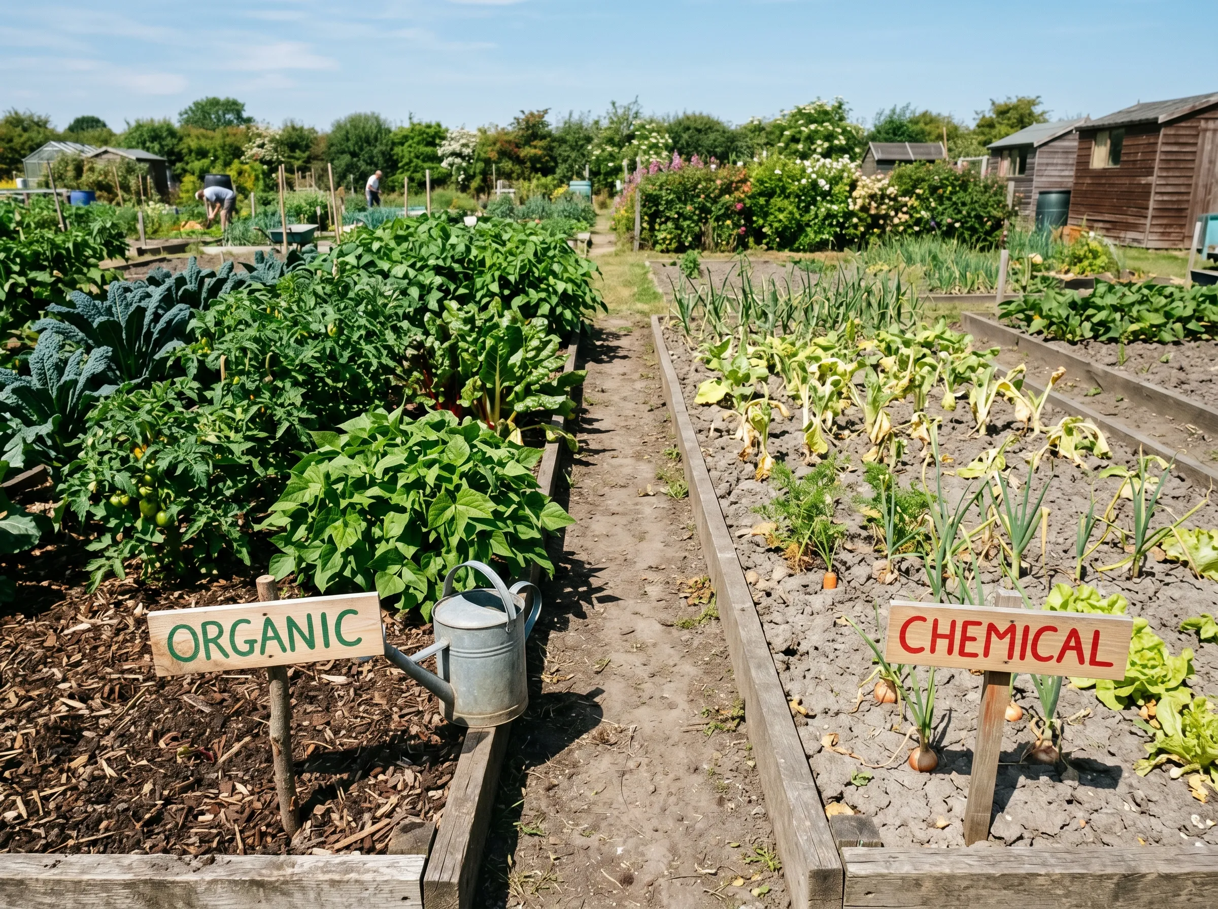 Two UK garden plots side by side after 3 years - one chemical-fed showing pale leaves and sparse growth, one organic-fed showing dense lush vegetable growth with rich dark soil visible at the surface