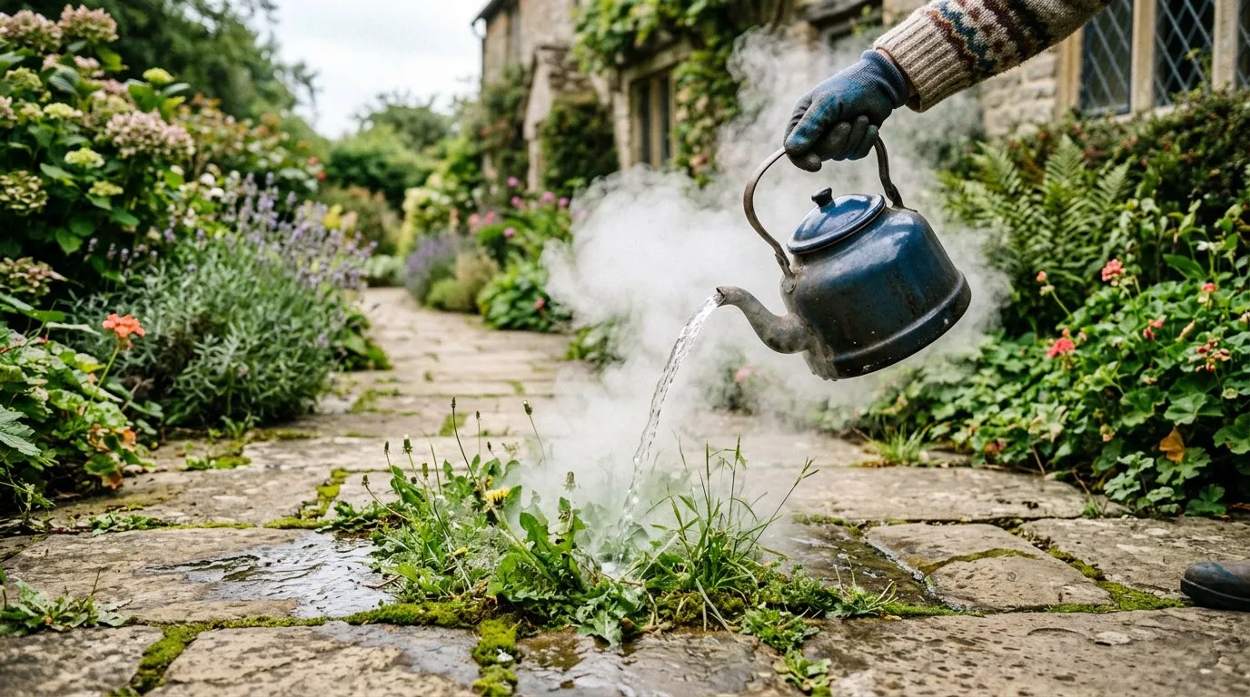 Organic weedkiller method — boiling water poured from a kettle onto weeds between paving slabs