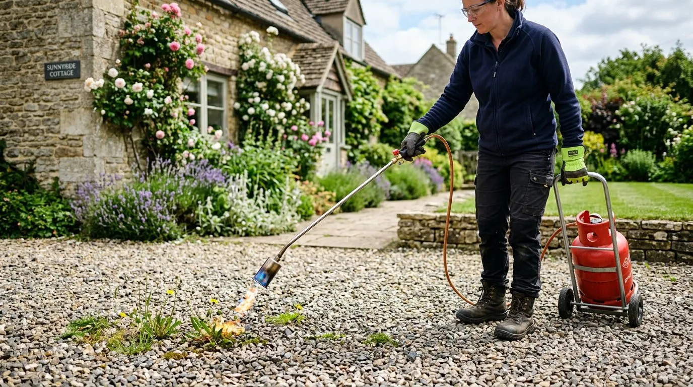 Flame weeding for organic weed control on a UK gravel driveway with a gas torch