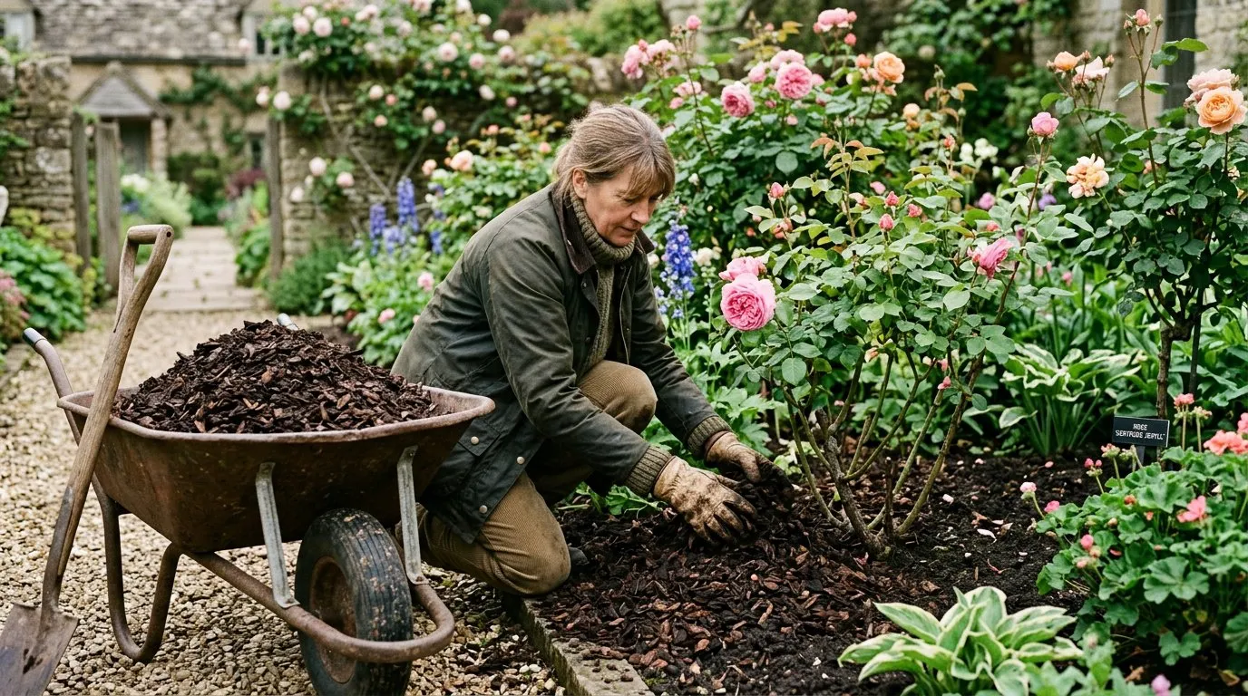 Bark mulch spread around rose bushes as organic weed suppression in a UK garden