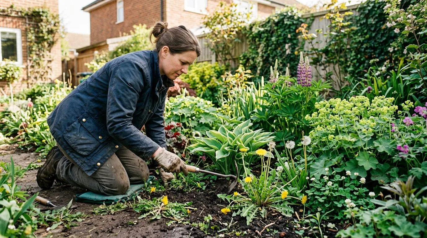 Organic weed control in a UK garden border using a hand hoe