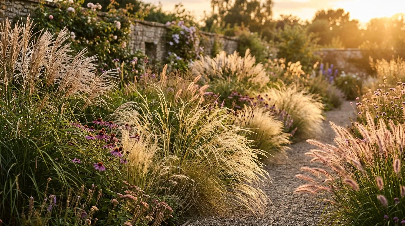 Tall Miscanthus sinensis ornamental grass with feathery plumes catching autumn light in a UK garden