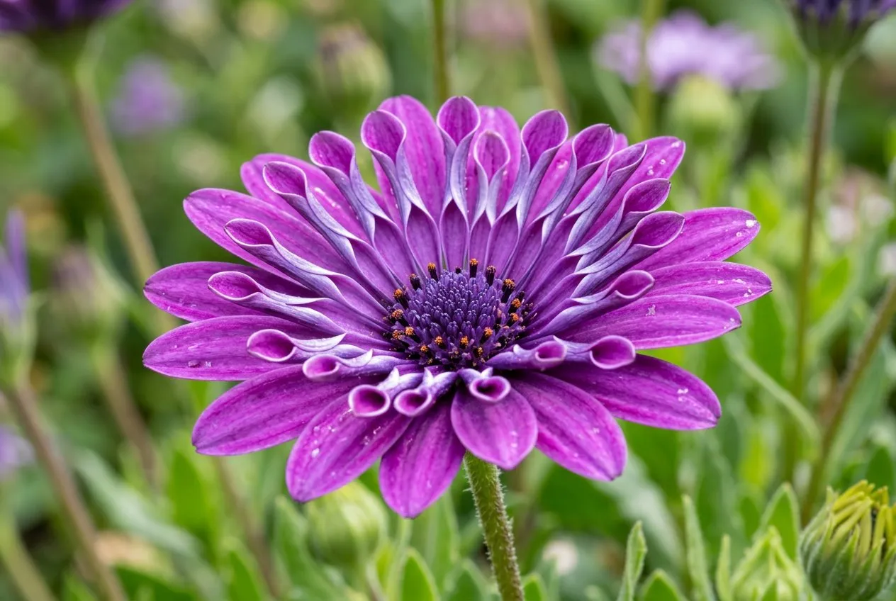 Close-up of osteospermum 3D Purple flower showing distinctive spoon-shaped inner petals in bright sunlight