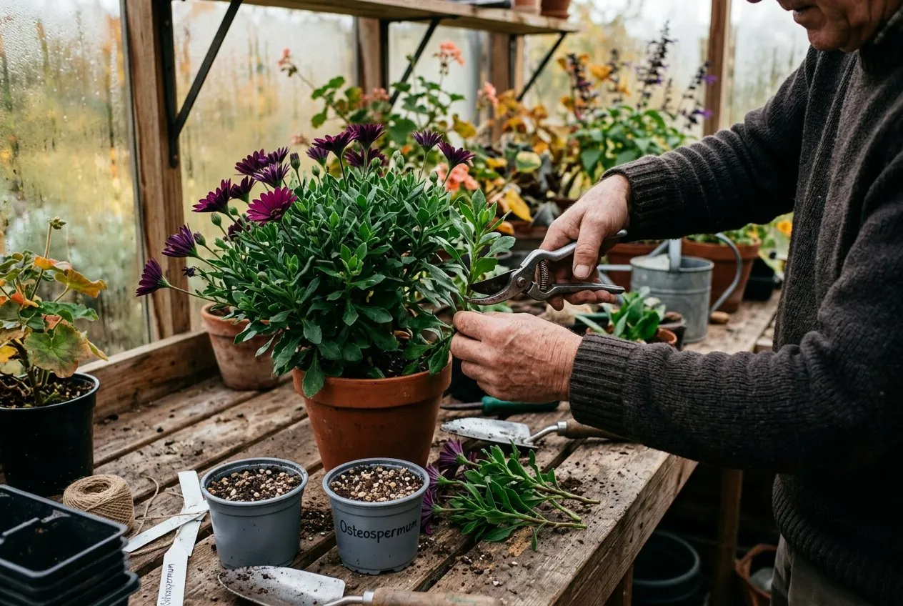 Osteospermum cuttings being taken in autumn with secateurs on a potting bench in a UK greenhouse