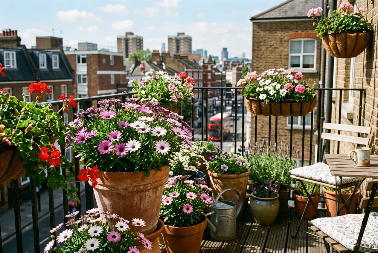 Osteospermum plants in mixed containers on a sunny balcony with trailing geraniums and a UK city backdrop