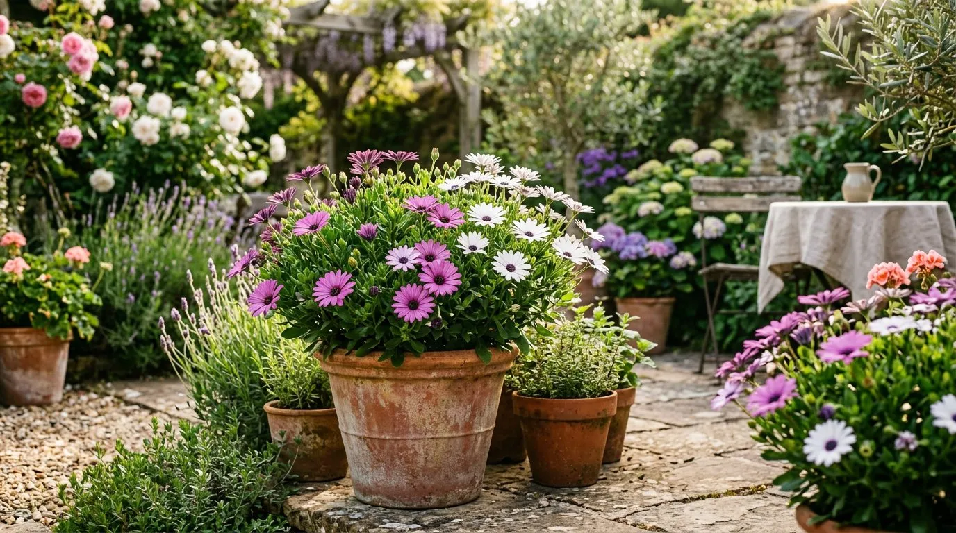 Purple and white osteospermum flowers in terracotta pots on a sunny UK patio