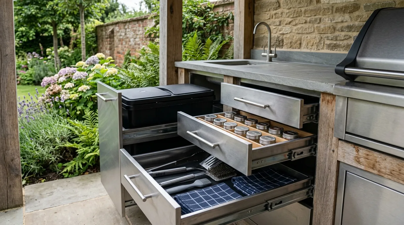 Built-in stainless steel outdoor kitchen storage drawers in a UK garden showing a 30L pull-out bin, spice rack and tool drawer fully extended