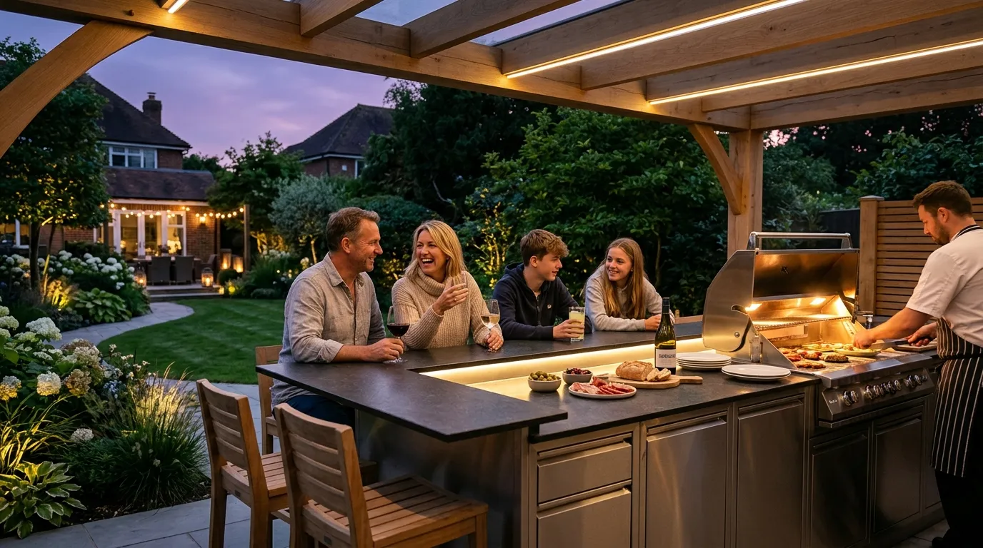 Finished UK outdoor kitchen in evening use with stainless cabinets, porcelain worktop, ambient LED lighting and family dining at the breakfast bar overhang