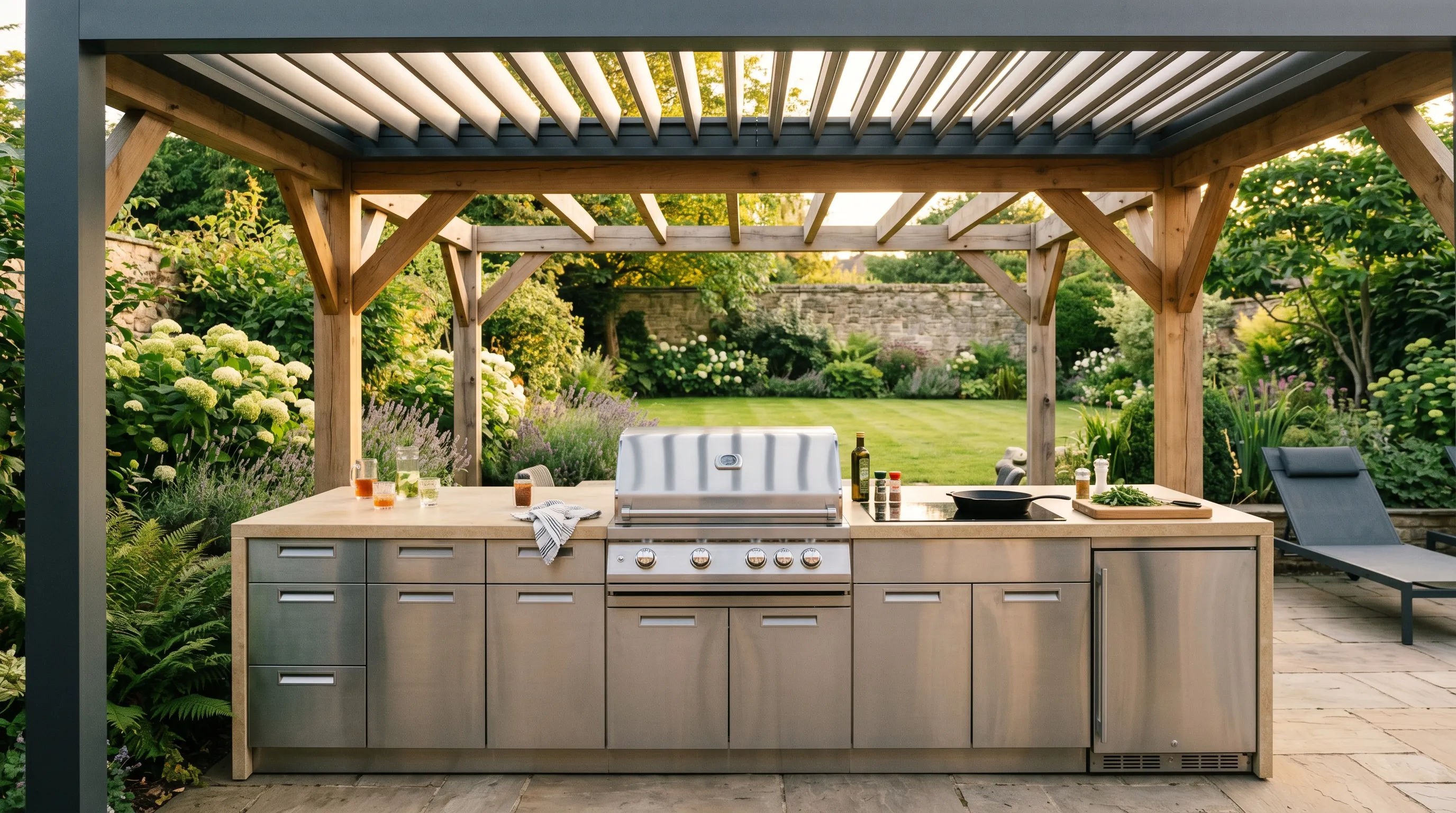 Modern UK outdoor kitchen under a covered pergola with built-in gas grill, porcelain worktop and stainless cabinetry at golden hour
