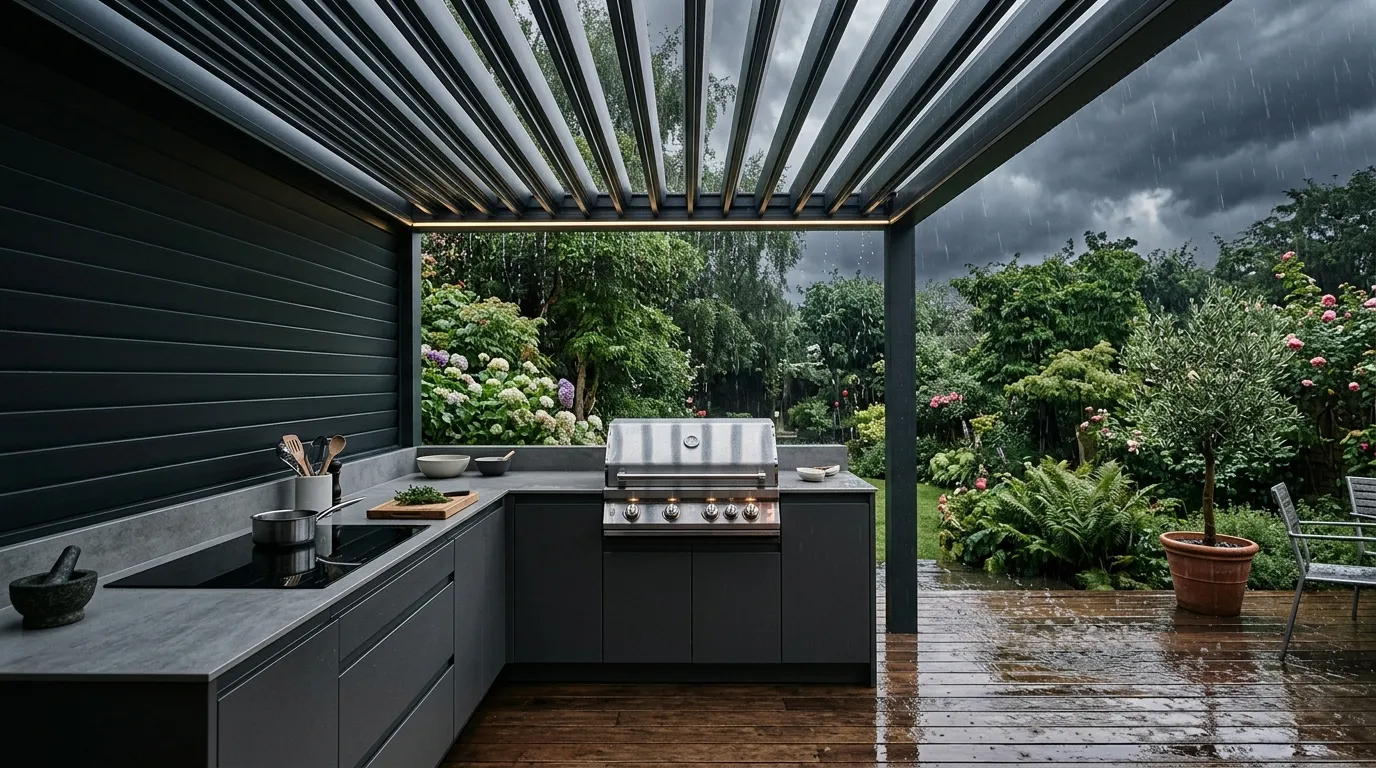 UK outdoor kitchen under a Renson-style aluminium louvre pergola with the slats half-open showing rain on the deck and dry stainless cabinets beneath