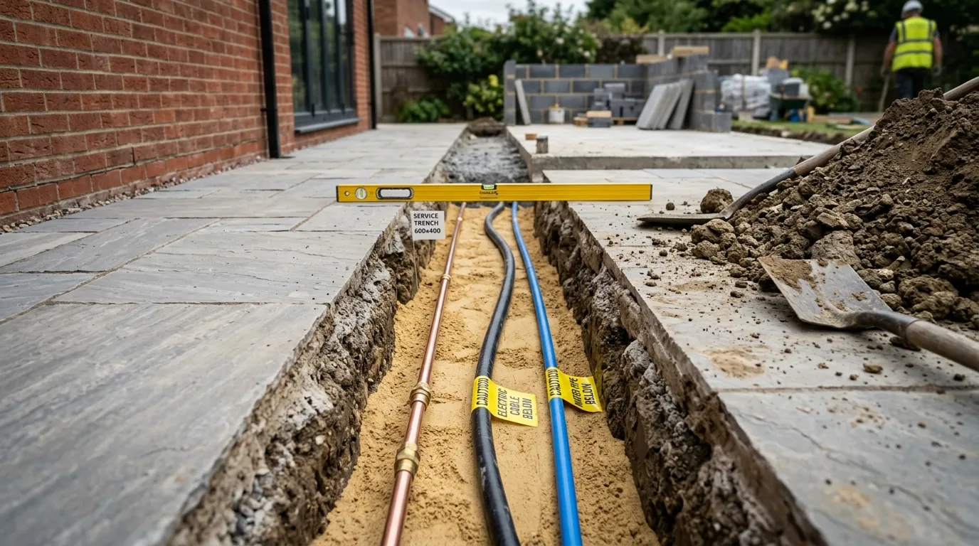 Open services trench in a UK garden showing 22mm copper gas line, armoured electrical cable and 15mm blue MDPE water pipe before backfill
