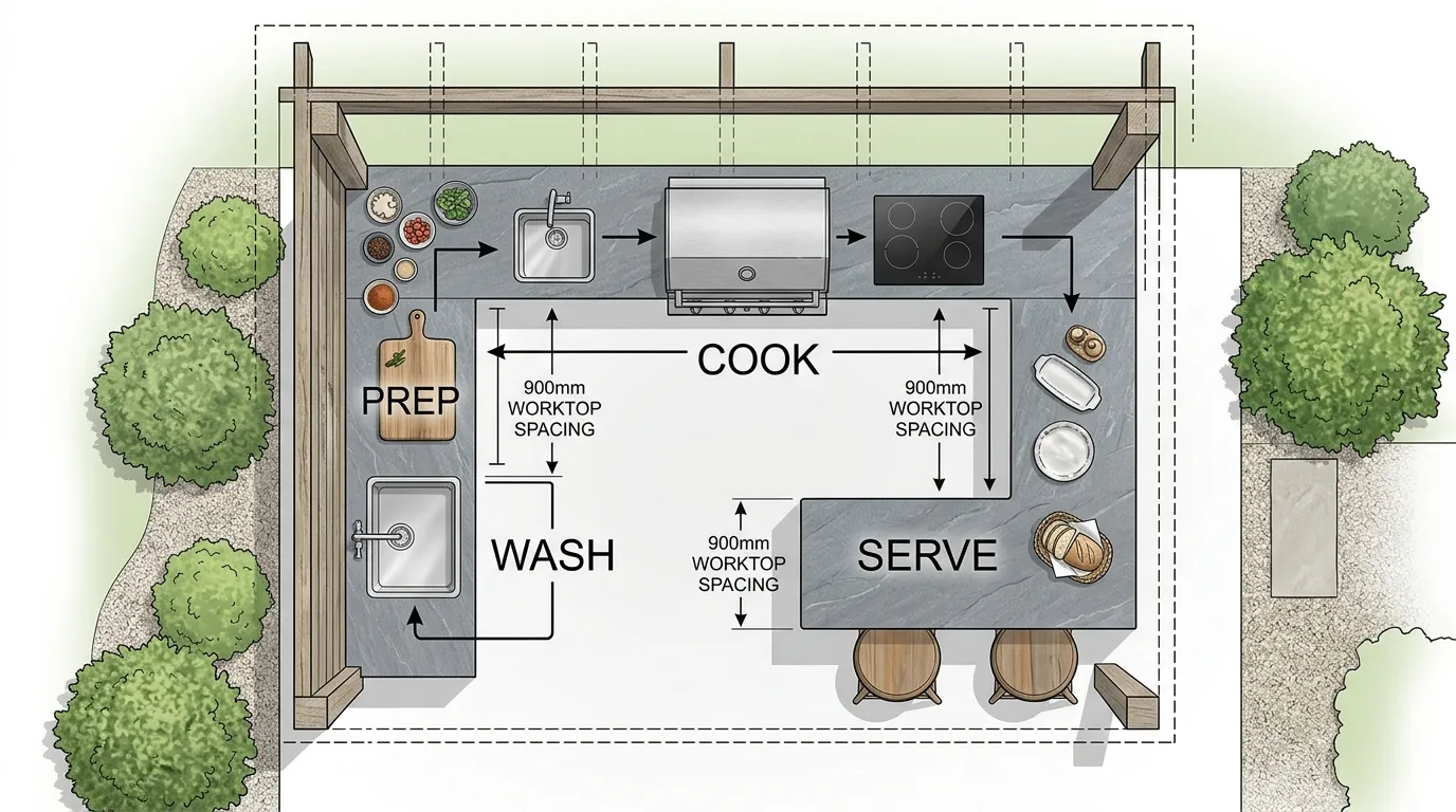 UK outdoor kitchen design with the four zones marked: prep, cook, serve and wash arranged in an L-shape under a pergola