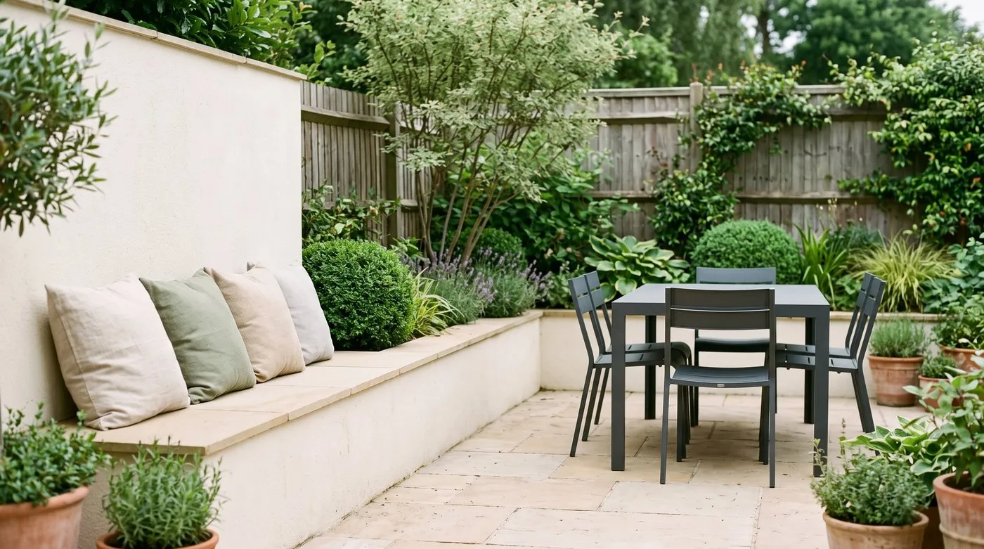Outdoor seating ideas in a Surrey suburban garden, a rendered built-in bench with cushions beside movable dining chairs on a sandstone patio