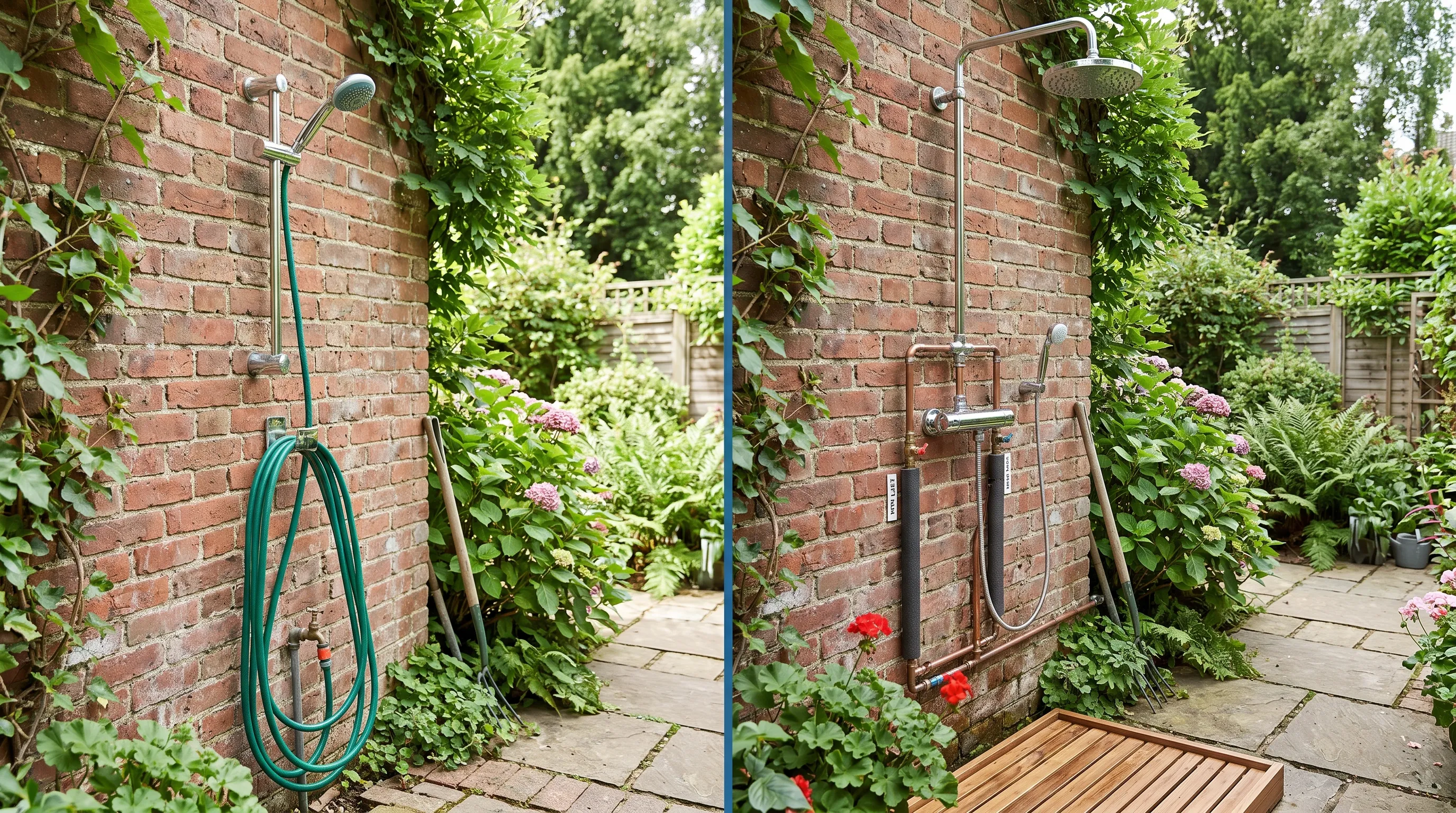 Cross-section style comparison of a simple cold hose-fed garden shower beside a fully plumbed hot outdoor shower with pipework visible