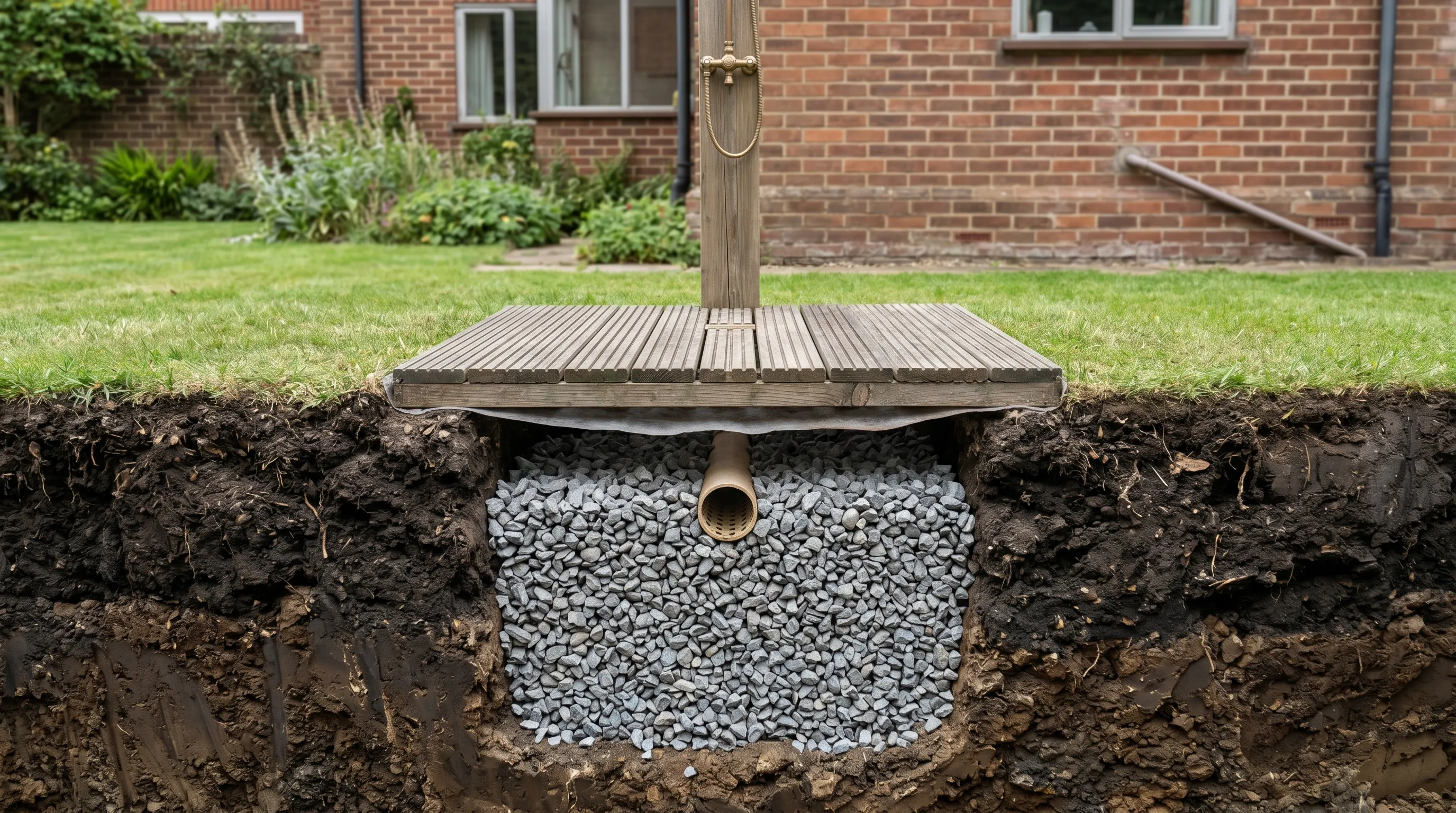 Cross-section diagram of a gravel soakaway pit beneath an outdoor shower base showing membrane lining and 20mm gravel fill