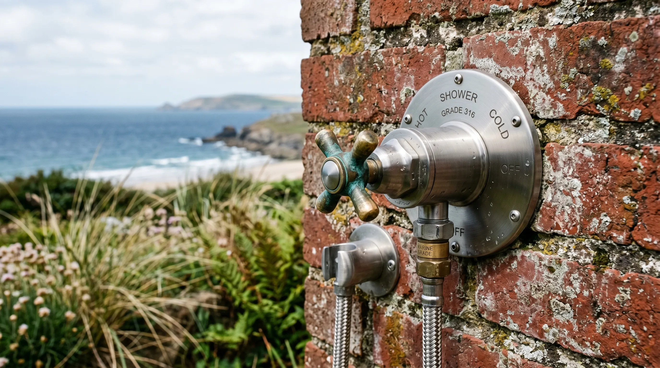Close-up of a stainless steel and brass wall-mounted outdoor shower mixer fixed to weathered brick in a coastal UK garden