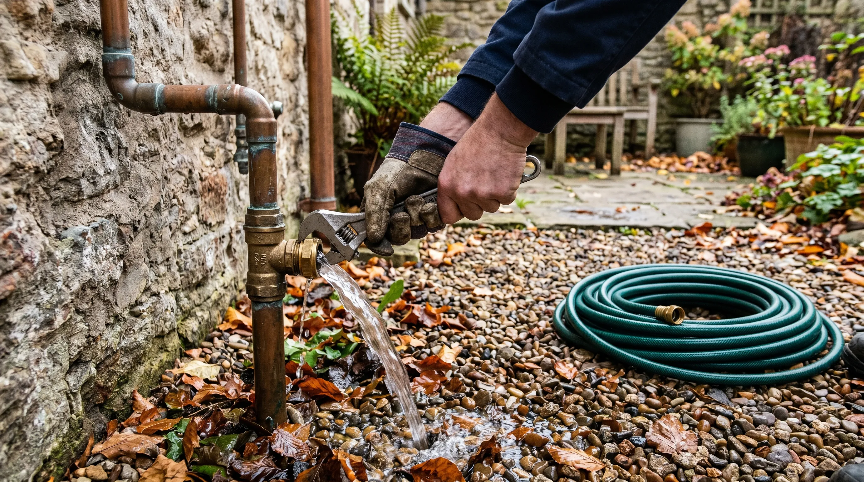 Hands opening a brass drain-down valve on an outdoor shower pipe in late autumn, water draining out beside a coiled hose ready for storage