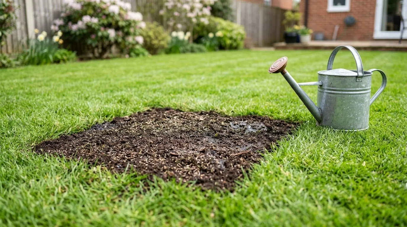 Freshly over-seeded lawn repair patch with fine compost dressing in a suburban back garden