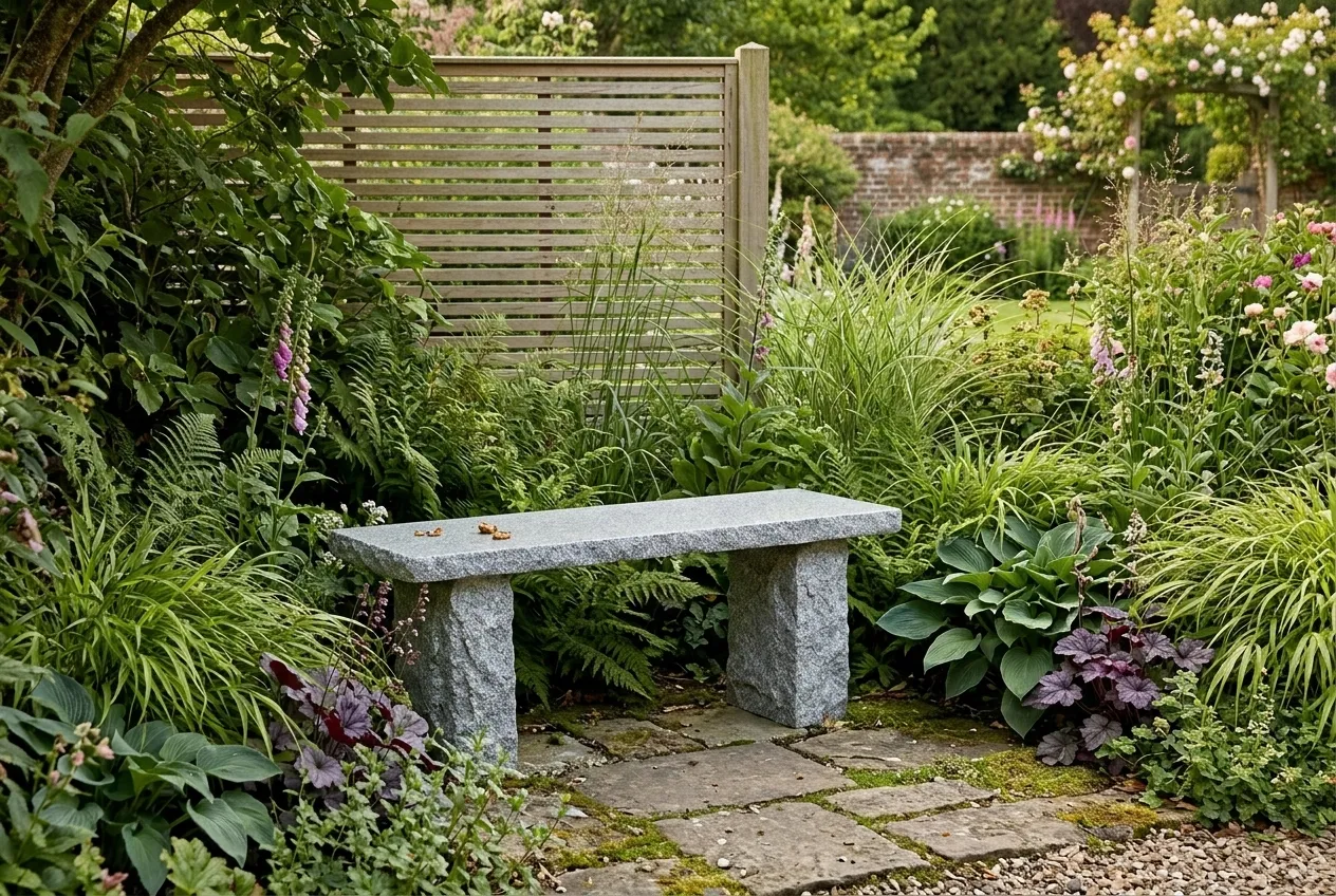 Rustic grey granite garden bench tucked into screening planting in a secluded UK garden corner