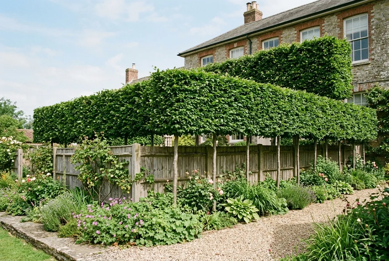 Pleached hornbeam trees forming a raised hedge on stilts above a fence along a UK garden boundary