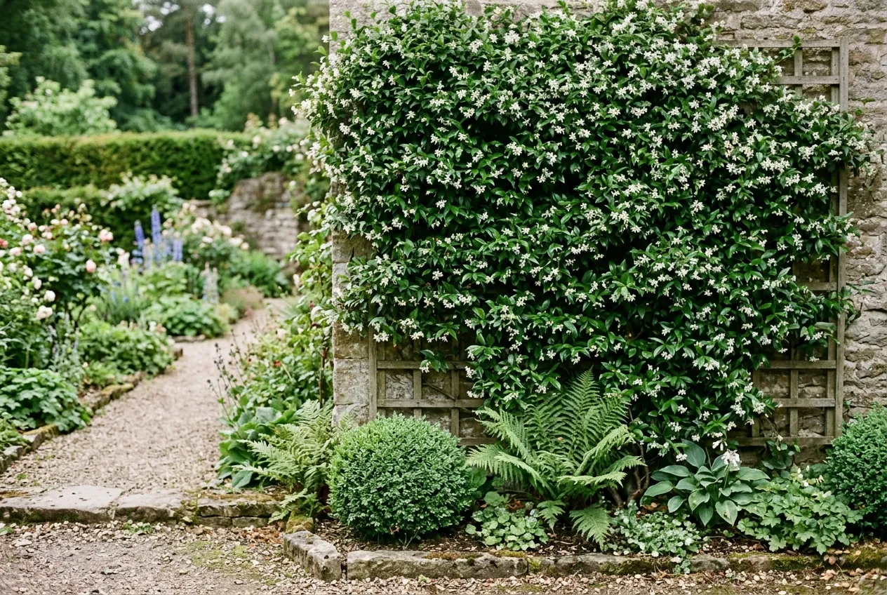 Trellis panel on a wall clothed in star jasmine creating a green screen in a UK garden