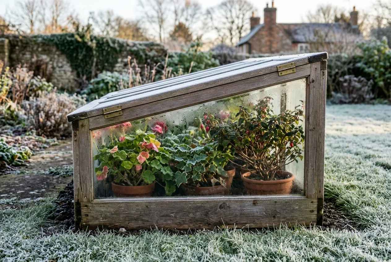 Plants overwintering in a wooden cold frame with pelargoniums and fuchsias visible through the glass