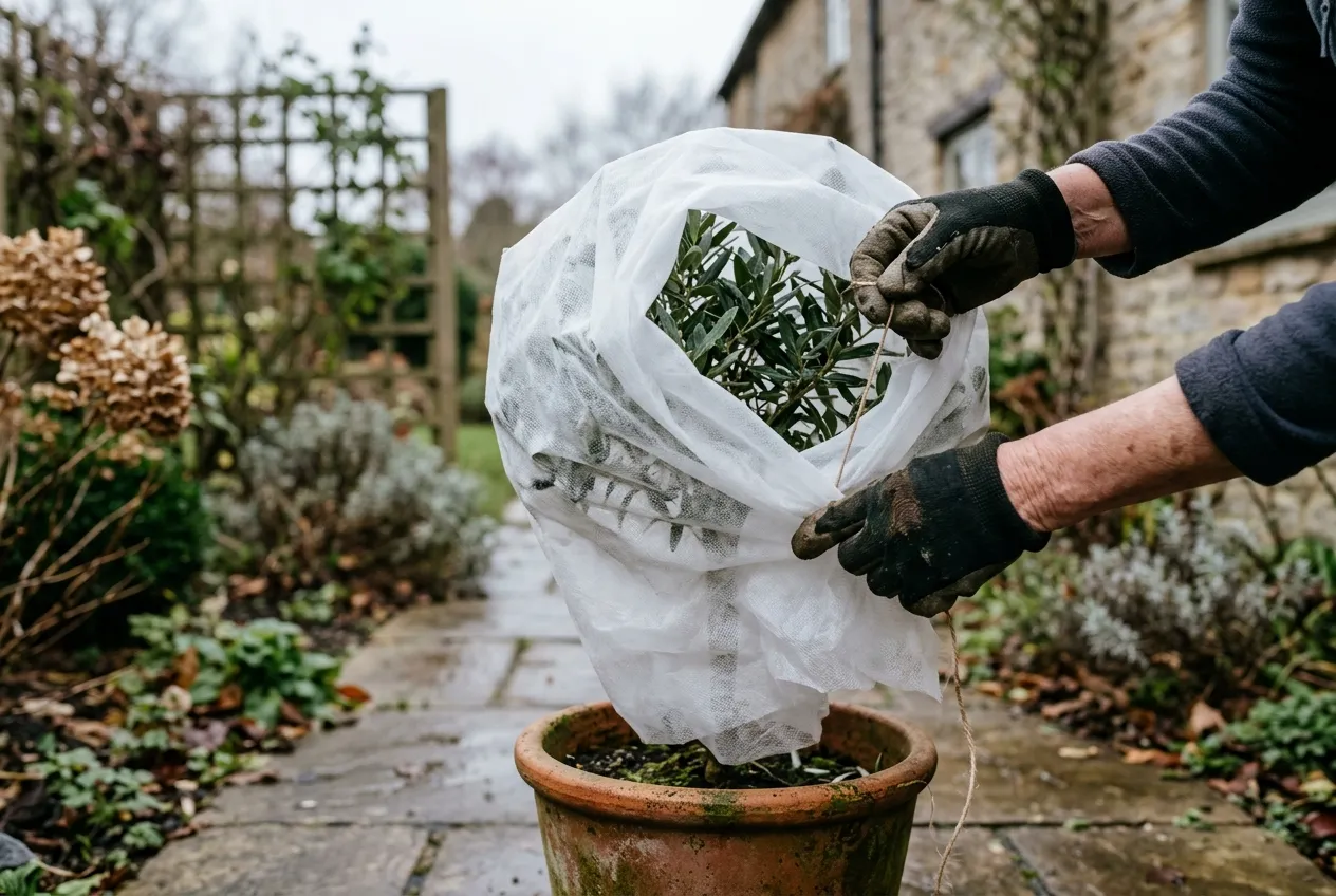 Hands wrapping horticultural fleece around a potted plant for overwinter protection in a UK garden