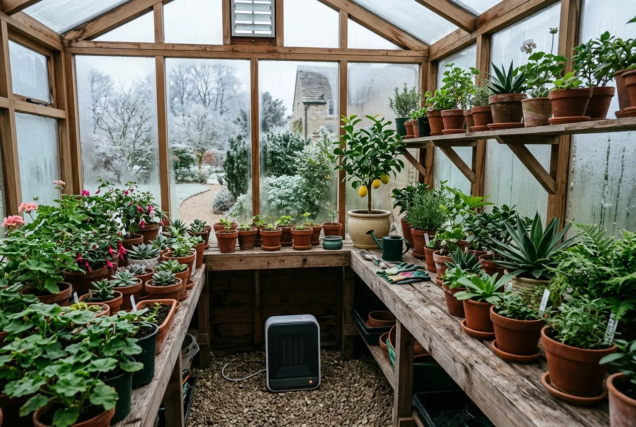 Interior of a frost-free greenhouse with tender plants on staging and a heater for overwinter protection